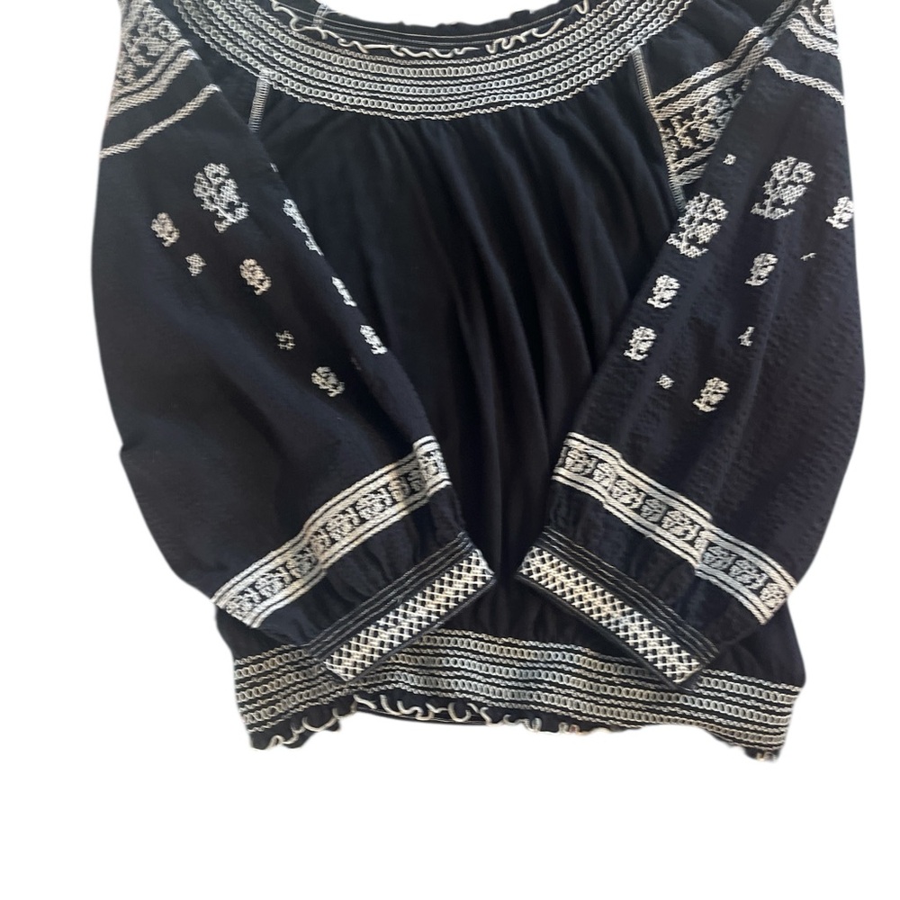 Free People Black Off-Shoulder Embroidered Peasant Top
